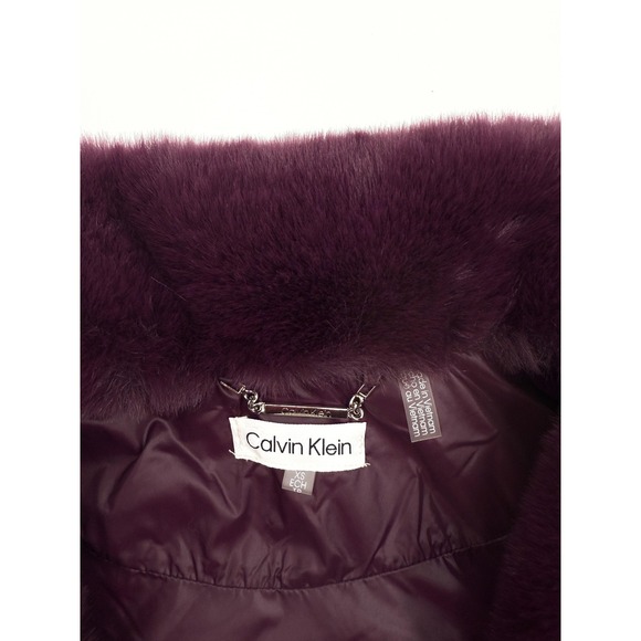 New Calvin Klein Vest Womens XS Aubergine Quilted Faux Fur Collar Pockets - Picture 3 of 9